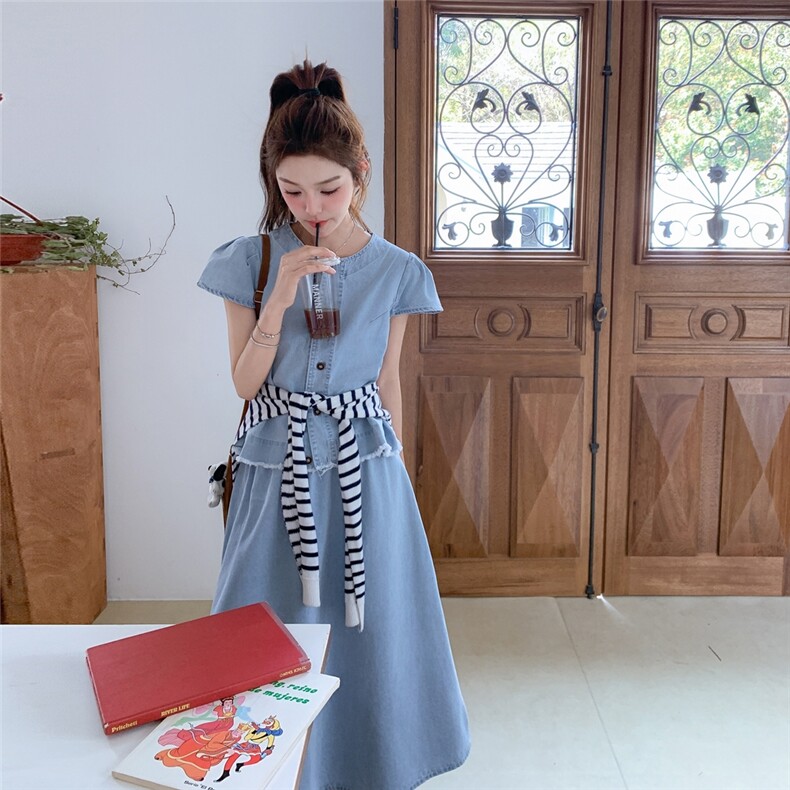 丹宁风法式休闲风时尚套装气质复古温婉风复古工装风短袖显瘦气质,女装套装/套裙,2C212