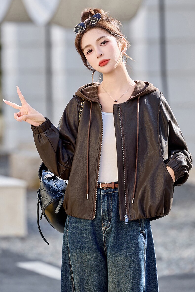 已出货春装新品美拉德连帽皮衣外套女今年流行时尚机车皮夹克潮,女装皮衣,吾爱衣