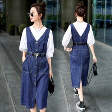 2022韩版时尚新品牛仔背带裙修身显瘦气质长裙百搭潮流女装连衣裙，女装连衣裙，钱塘布衣