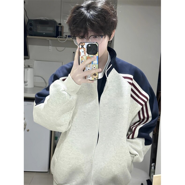 秋季新款拼接撞色三条杠开衫卫衣男女宽松运动休闲外套 W103图片