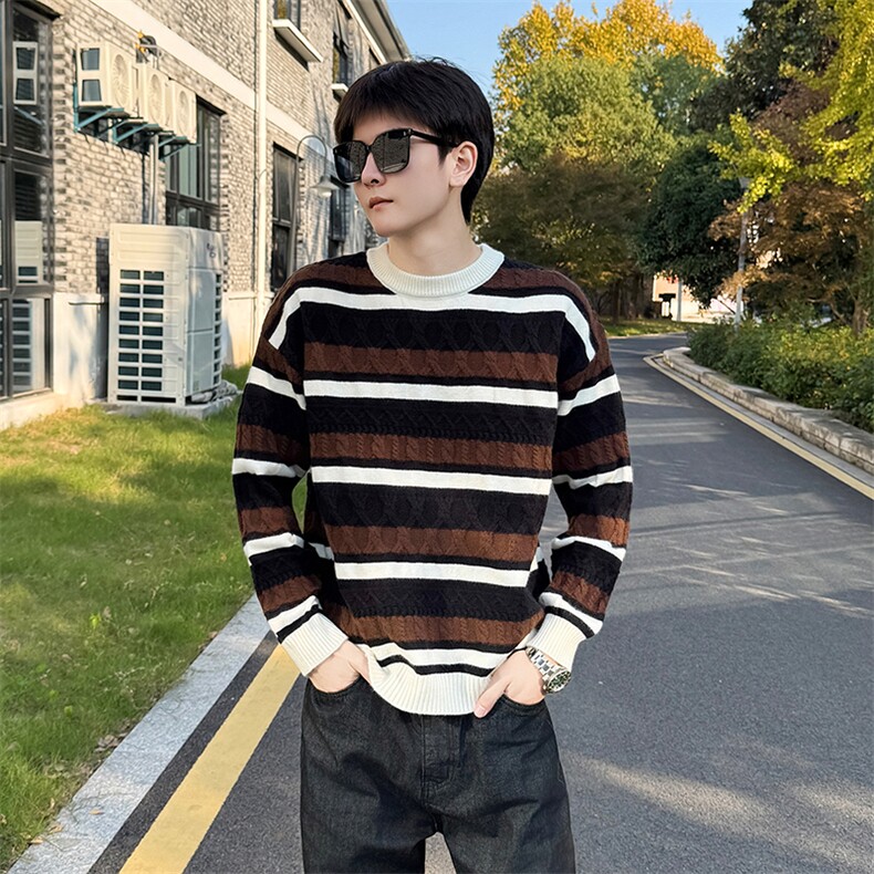 秋冬店主风社会小伙微阔圆领提花针织套头毛衣301A-1/M90/P68，男装针织衫/毛衣，星座301A-1