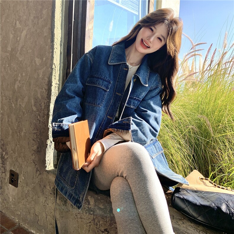 复古工装风翻领绑带蓝色牛仔外套女2026春季新款宽松显瘦气质上衣,女装短外套,2C159