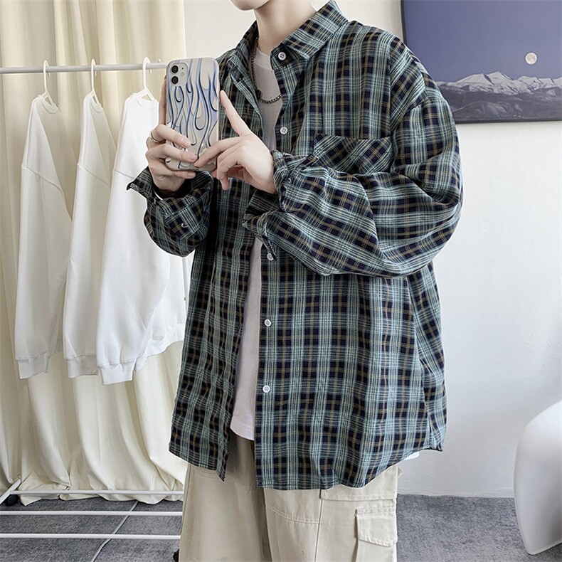 秋冬新款港风男女百搭格子长袖衬衫宽松外套情侣ins潮H210/P45,男装衬衫,电商A221A