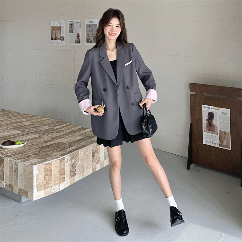 灰色休闲西装外套女2025春季新款小个子气质复古高级感宽松小西服,女装西装,2C032