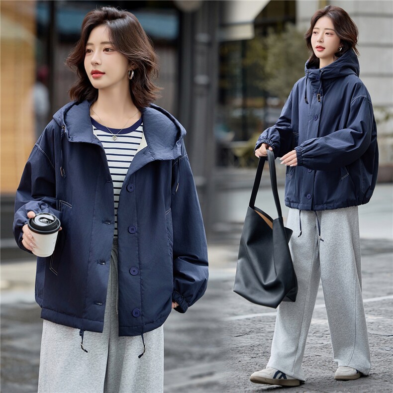藏青色连帽宽松休闲夹棉外套女2025冬季极简廓形慵懒感小个子棉服,女装棉衣/棉服,梦懿尔