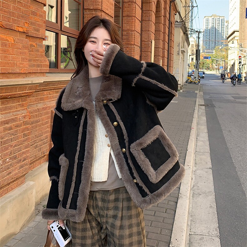 黑色皮毛一体羊羔毛外套女2024冬季新款韩版高级感小个子加厚棉衣图片