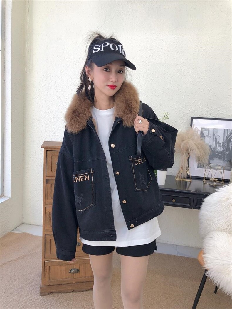 爆版排单款狐狸毛加厚牛仔外套，其它，金地雪