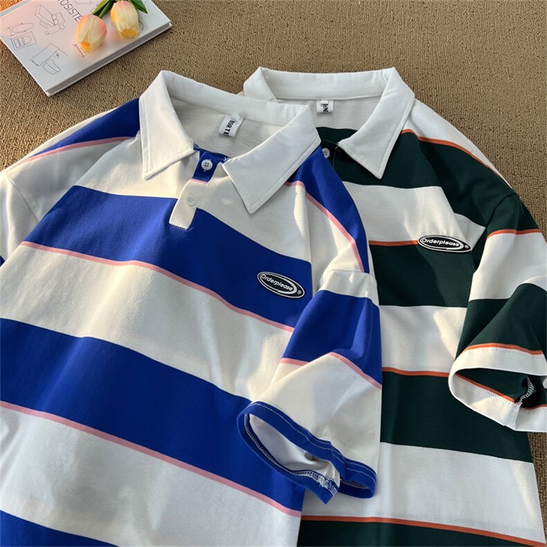 !条纹翻领宽松纯棉polo衫短袖男T恤XP221-P40控68,男装Polo衫,电商B370