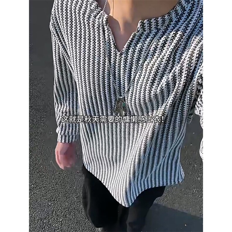 美式高街千鸟格子长袖T恤男女亨利V领英伦雅痞休闲宽松长袖打底衫图片