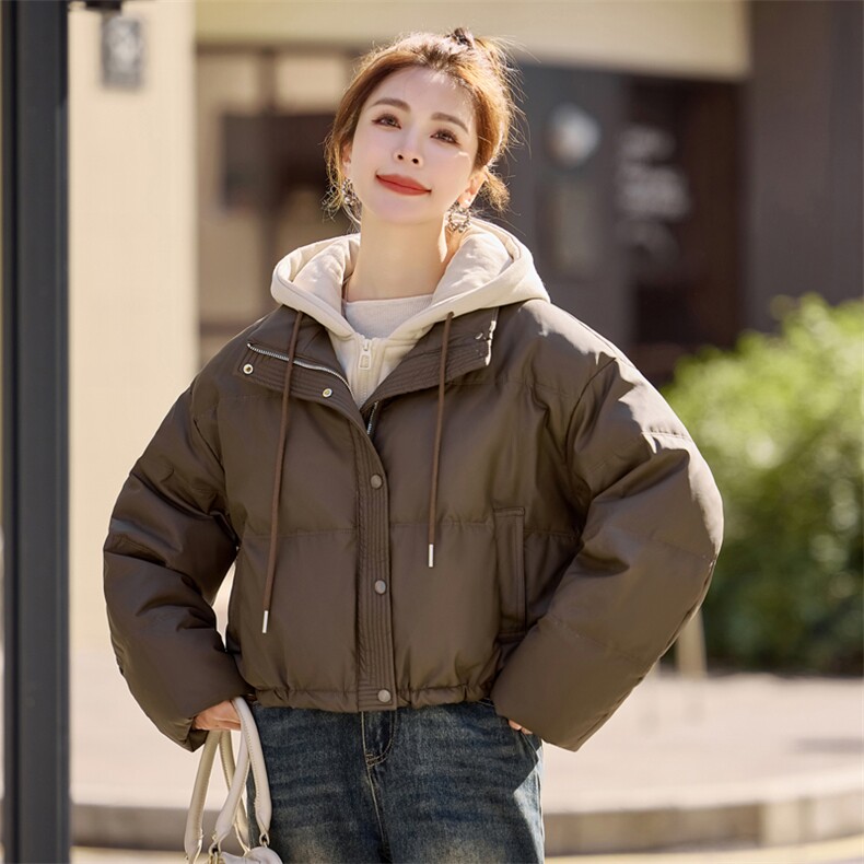 加厚PU皮羽绒服女宽松保暖小个子显高短外套新款蛋白皮免洗面包服,女装羽绒服,意芙