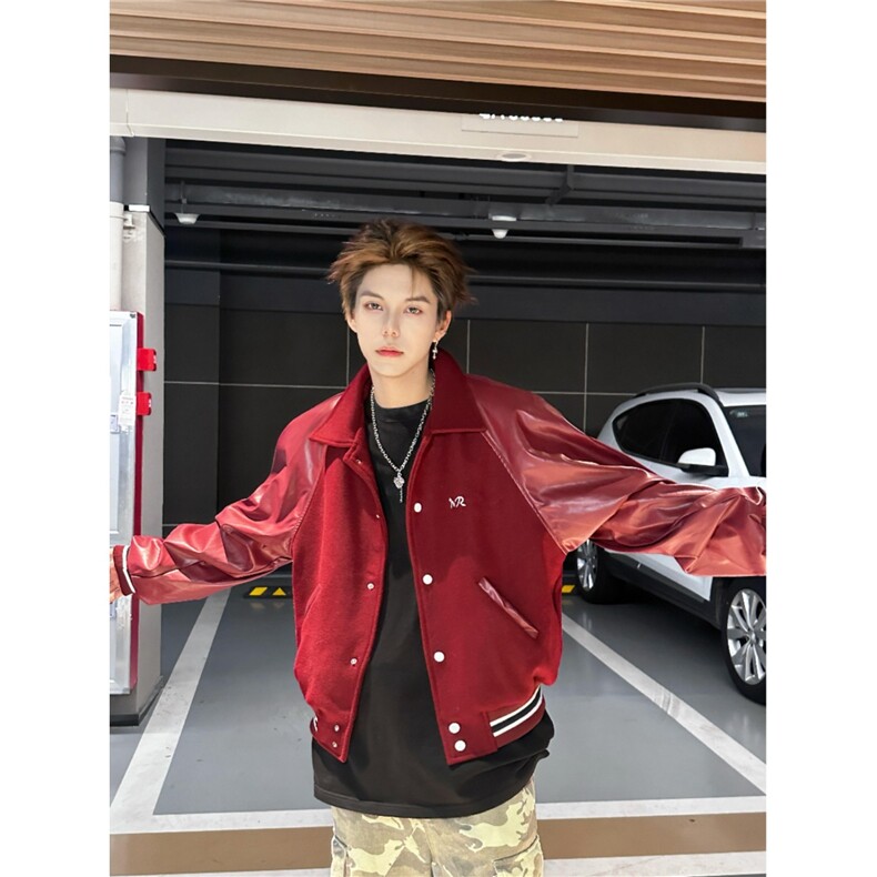 【有货】DB934-批70美式复古红色拼接皮衣夹克男女机车棒球服外套，男装皮衣，星座603-2