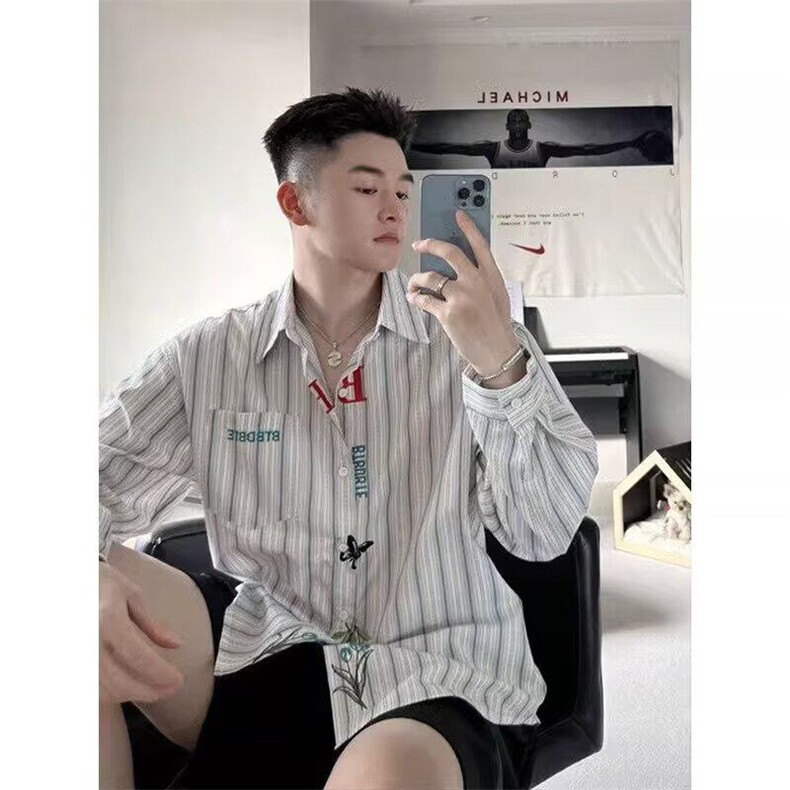 文艺感刺绣衬衫男女长袖春夏防晒休闲宽松外套美式复古竖条纹衬衣,男装衬衫,星座506A