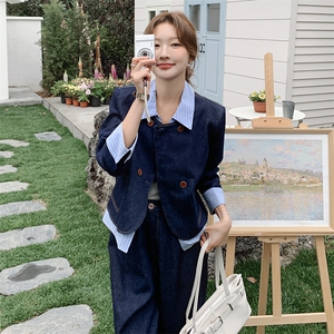春装搭配一整套假两件牛仔套装女2025年新款休闲外套直筒裤两件套图片