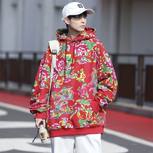 W204春新款男女团队服大花连帽卫衣外套潮民族特色花卫衣情侣装图片