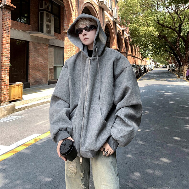 双拉链设计秋冬宽松连帽毛呢卫衣开衫男女外套B289-Z0365-P125,女装短外套,电商B289-1