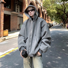 双拉链设计秋冬宽松连帽毛呢卫衣开衫男女外套B289-Z0365-P125，女装短外套，电商B289-1