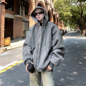 双拉链设计秋冬宽松连帽毛呢卫衣开衫男女外套B289-Z0365-P125图片