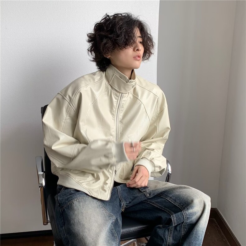小众设计感pu皮立领垫肩机车服夹克男款秋冬新款潮流宽松百搭外套,男装夹克,星座516A