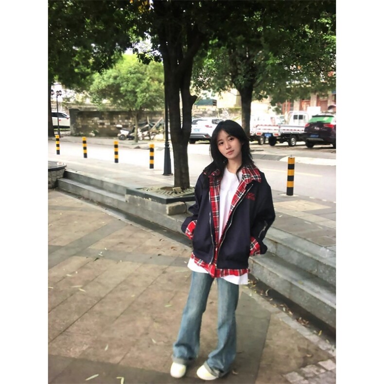 网络图现货美式小众格子拼接假两件飞行员夹克棒球服JJK8561-P70,男装夹克,星座715-7