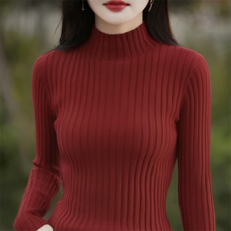无缝100%纯棉线针织衫女半高领冬季长袖套头毛衣内搭修身打底衫,针织衫/毛衣,斯美雅电商供货