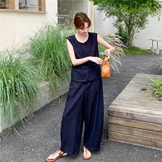 轻熟风穿搭藏蓝色天丝亚麻一整套女夏2025超火减龄马甲长裤两件套，女装套装/套裙，浙宝290（原306）