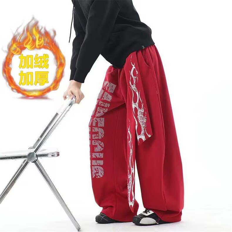 加绒加厚冬款男女休闲卫裤字母印花飘带阔腿长裤h8056 P55图片