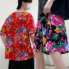 TZ2008男士夏季圆领短袖短裤人棉东北大花布透气凉爽套装大码男女，男装休闲套装，星座115A(原星座507）