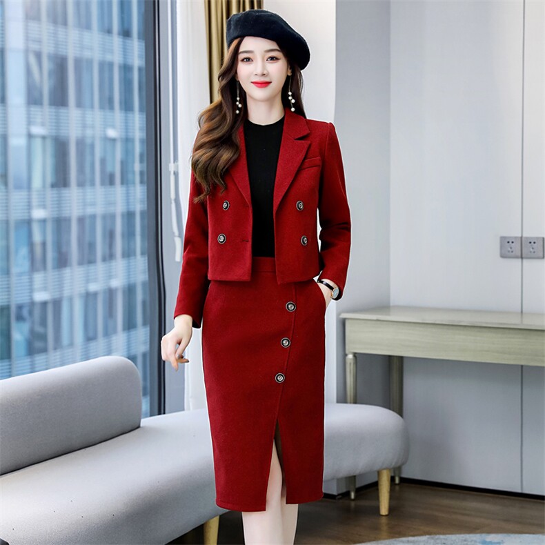 职业毛呢套装女2024春秋新款时尚气质女神范短款西装开叉裙两件套,女装套装/套裙,韩美纤衣