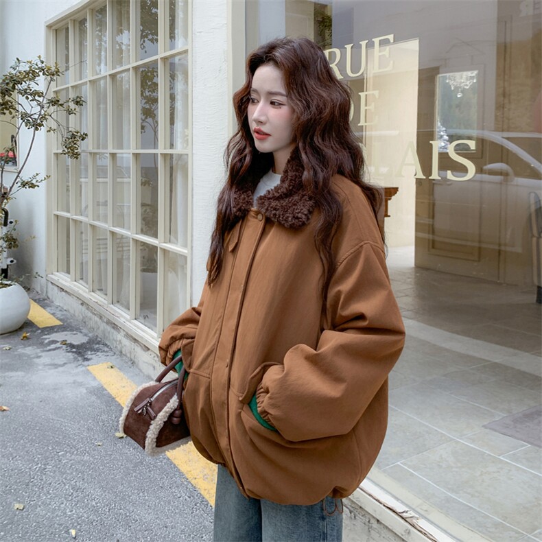 现货新款翻领时尚洋气加绒加厚鹿皮绒外套棉服上衣女,女装棉衣/棉服,韩然一族