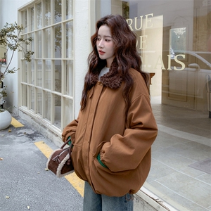 现货新款翻领时尚洋气加绒加厚鹿皮绒外套棉服上衣女图片
