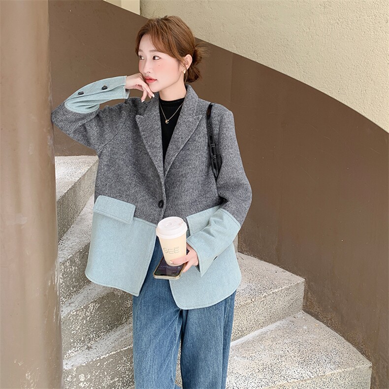 新款现货牛仔拼接双面羊绒外套2C007-170-P285-K428,女装羊绒大衣,2C007
