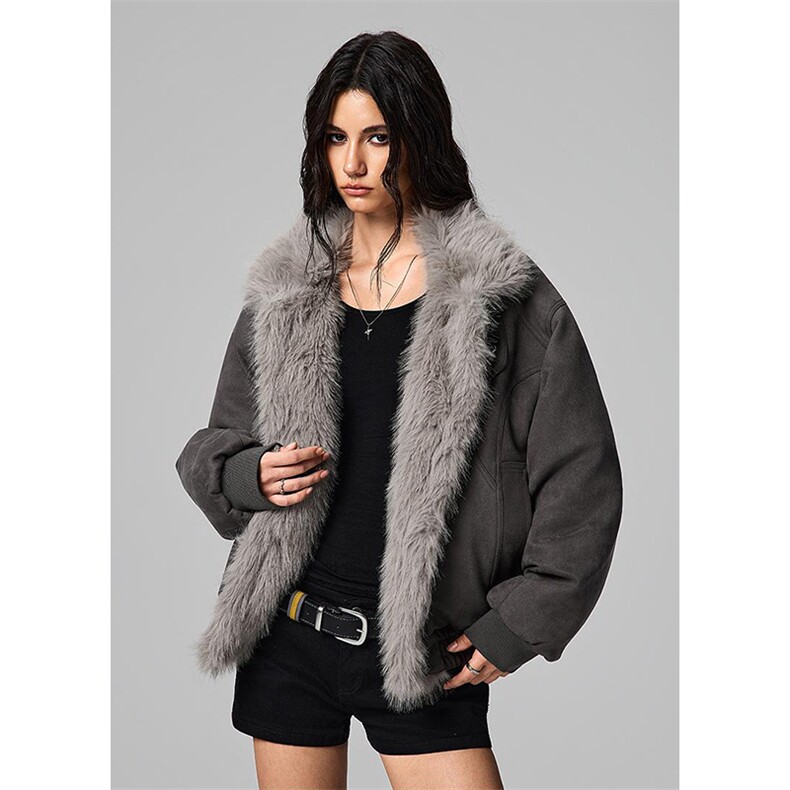 现货重磅硬挺boxy羽绒棉衣座山雕大毛毛领洗水麂皮棉服冬外套，男装棉衣，电商A486-1