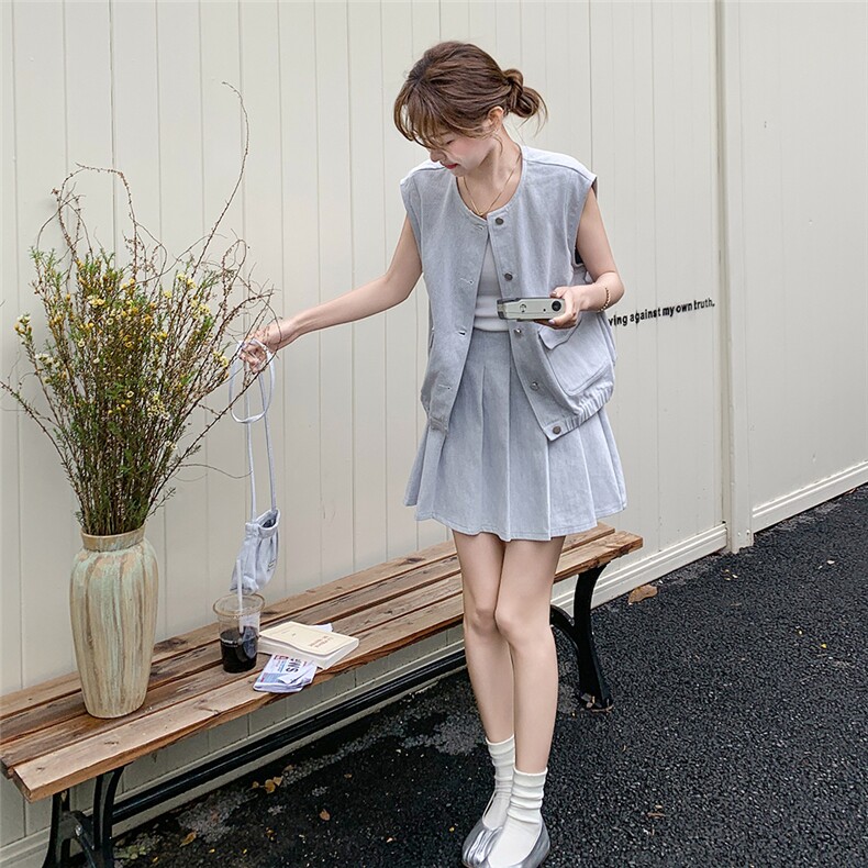 韩版小个子穿搭一整套女2025夏新款时尚无袖马甲百褶半身裙两件套,女装套装/套裙,2C135