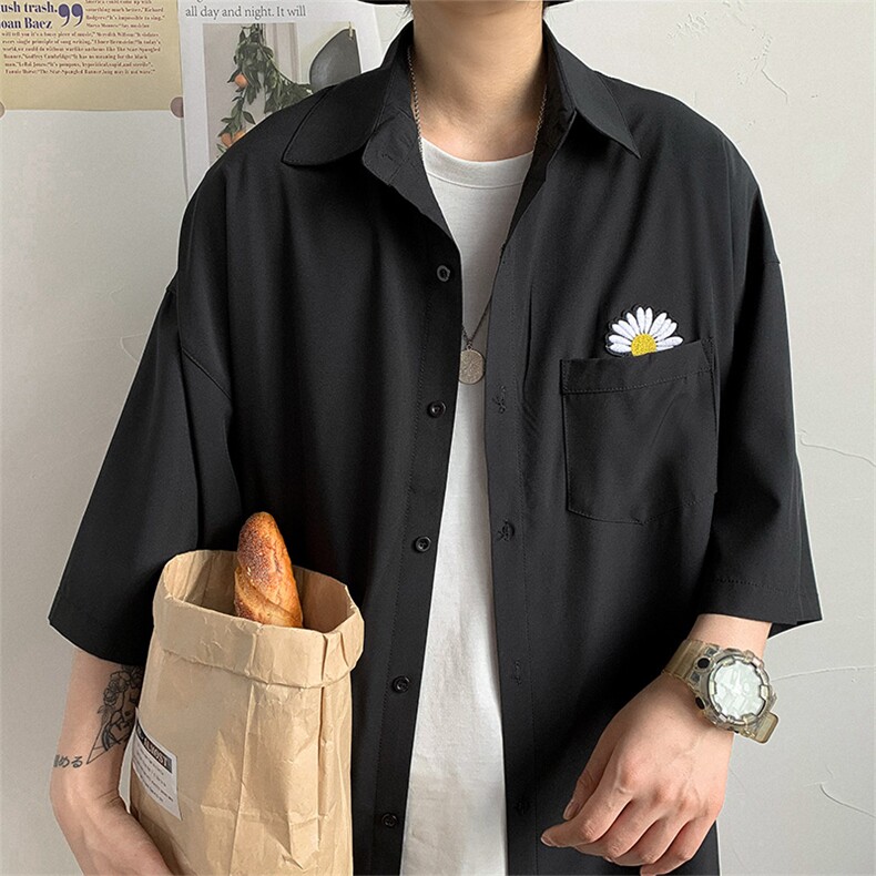 潮流宽松七分袖衬衣ins休闲百搭春季小雏菊短袖衬衫外套W637-P28,男装衬衫,星座512-2