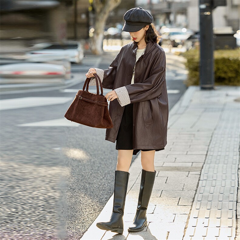 时髦皮衣外套女2026春秋新款休闲气质宽松立领PU皮夹克高级感上衣,女装皮衣,美拉德工厂直营店