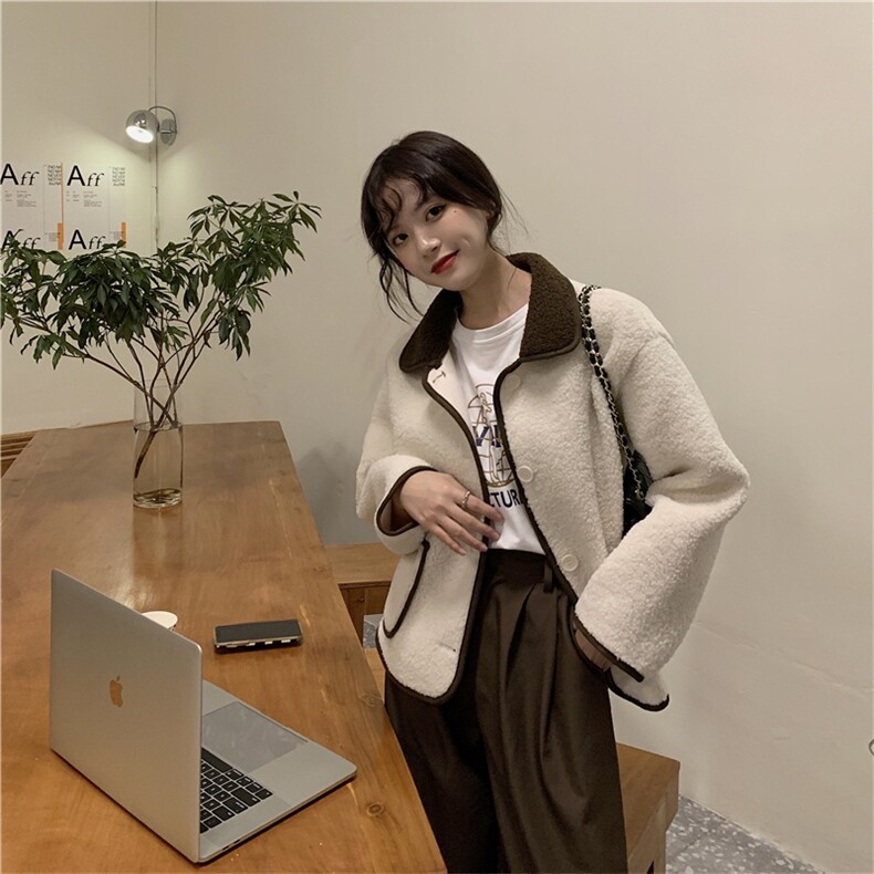 冬日小温暖羊羔毛撞色外套图片