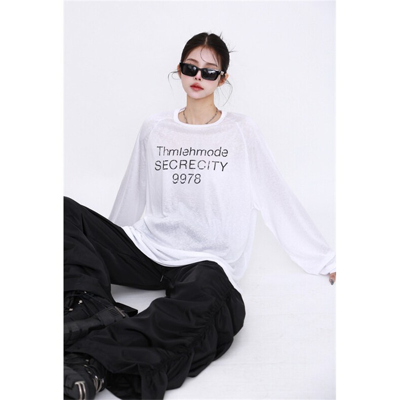 韩系薄款字母长袖T恤宽松百搭慵懒夏季防晒罩衫上衣女装T077-P40，女装T恤，星座308B-1