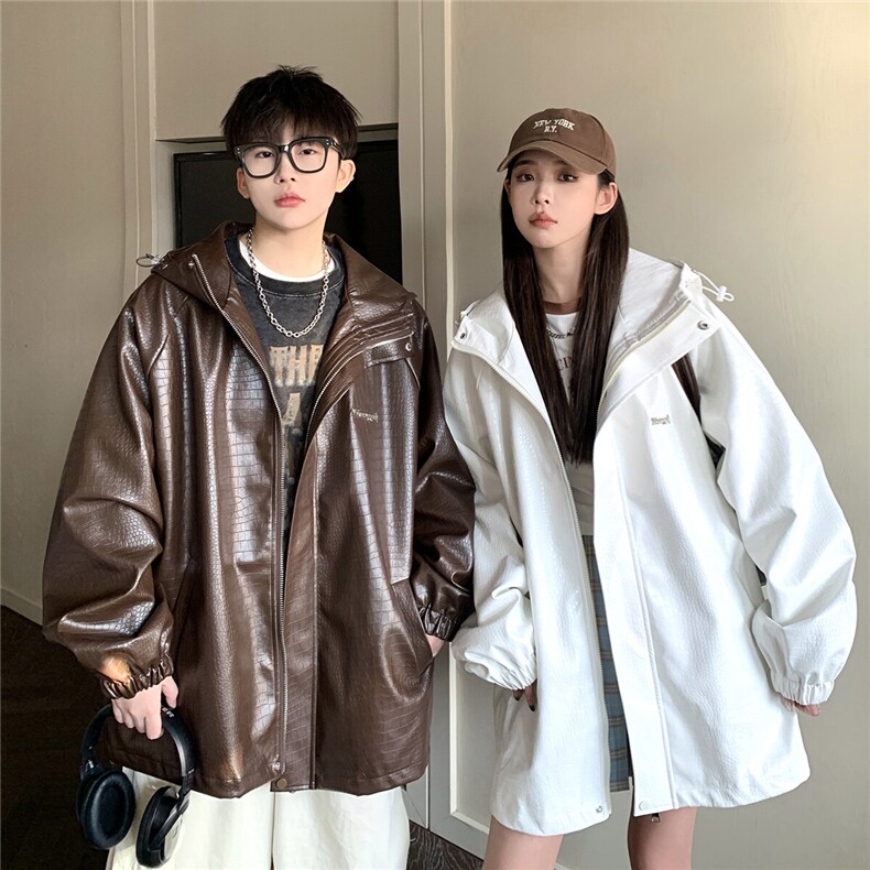1港风连帽鳄鱼纹PU皮大码M-5XL情侣女冲锋衣夹克男JK8744P90控128，男装夹克，星座226-2