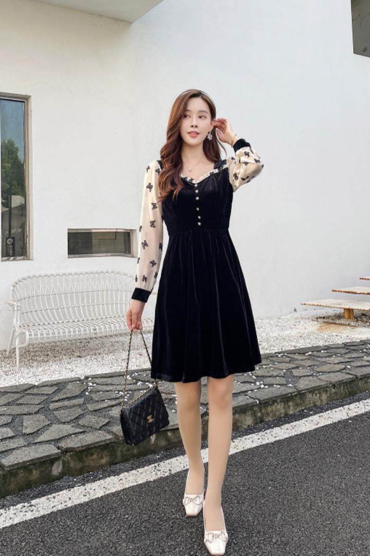 2021现货蝴蝶袖丝绒小香风连衣裙，女装连衣裙，秀水百合