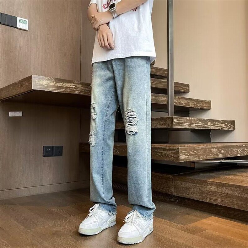 D7269-P45美式高街夏季破洞补丁假破洞牛仔裤男直筒显瘦长裤ins潮图片