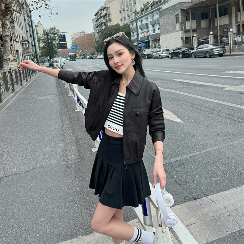 网红同款欧货新款复古泫雅风甜酷独特小众时尚皮外套女2024年春季,女装皮衣,江南女神