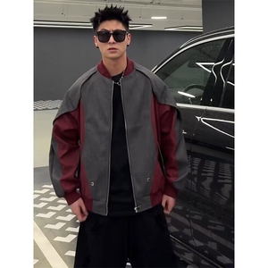 W9447-P80 网图现货 美式复古小众解构拼接皮衣外套痞帅撞色夹克图片