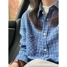 韩系双层棉纱蓝色小格纹翻领长袖衬衫女春秋慵懒宽松舒适外搭上衣，男装衬衫，星座1210-1