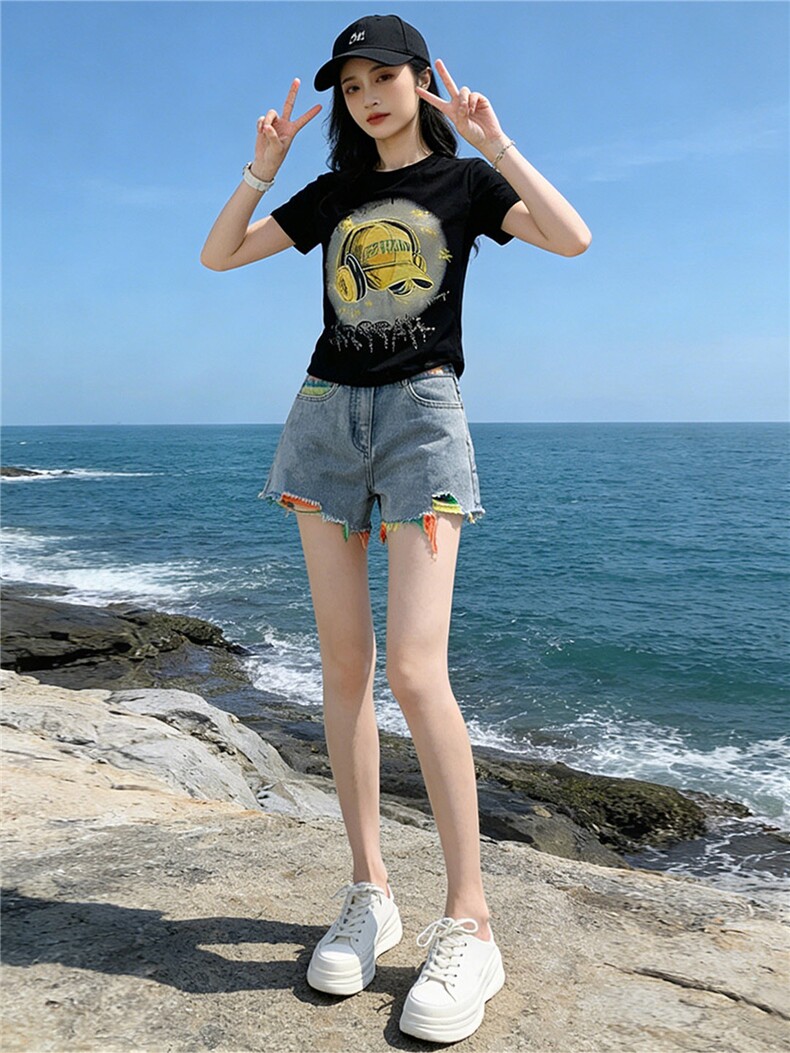 女夏季新款韩版运动休闲套装卡通印花圆领短袖宽松牛仔短裤两件套,女装套装/套裙,江南