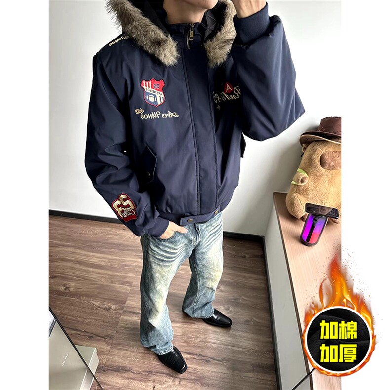 现货高品质美式高街重磅刺绣座山雕大毛毛领棉衣男女加厚棉服外套，男装棉衣，电商A486-1