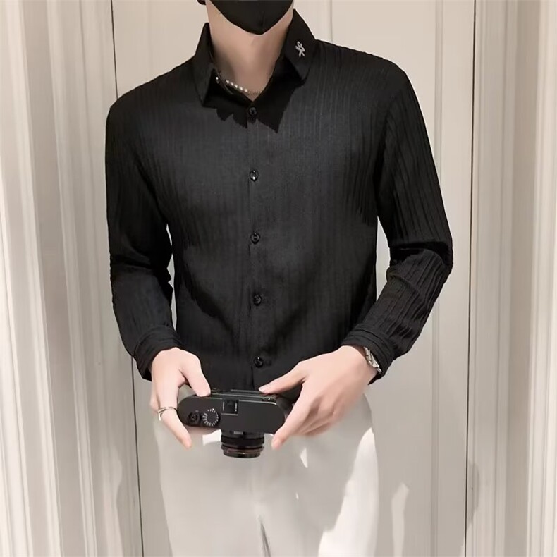 黑色衬衫男长袖条纹纯色痞帅上衣外套休闲男装冰丝白衬衣C304,男装衬衫,星座1116A-2（原606A-1）