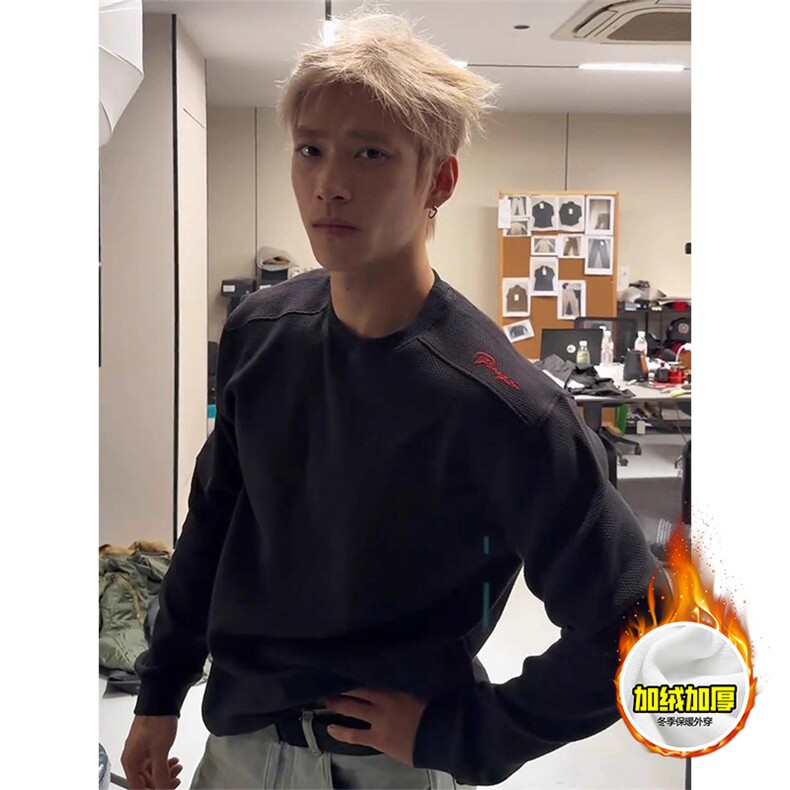 重磅加绒硬挺boxy男女美式高街蜂窝华夫格刺绣圆领长袖卫衣打底衫，男装T恤，电商A486