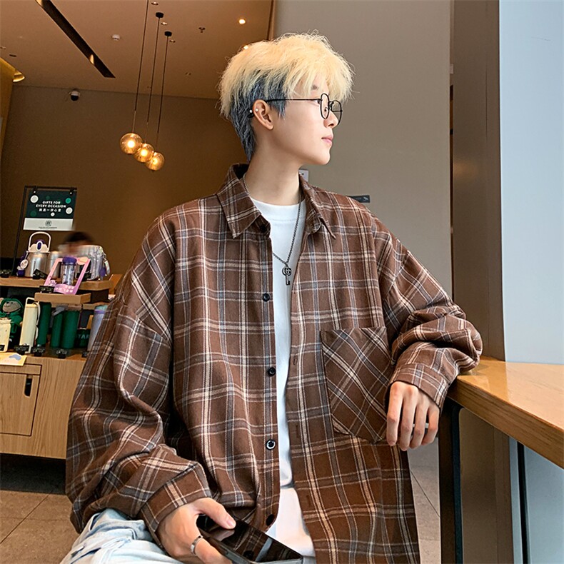 衬衣男秋季新款港风宽松大码磨毛格子长袖衬衫CS530-P38,男装衬衫,星座214-3