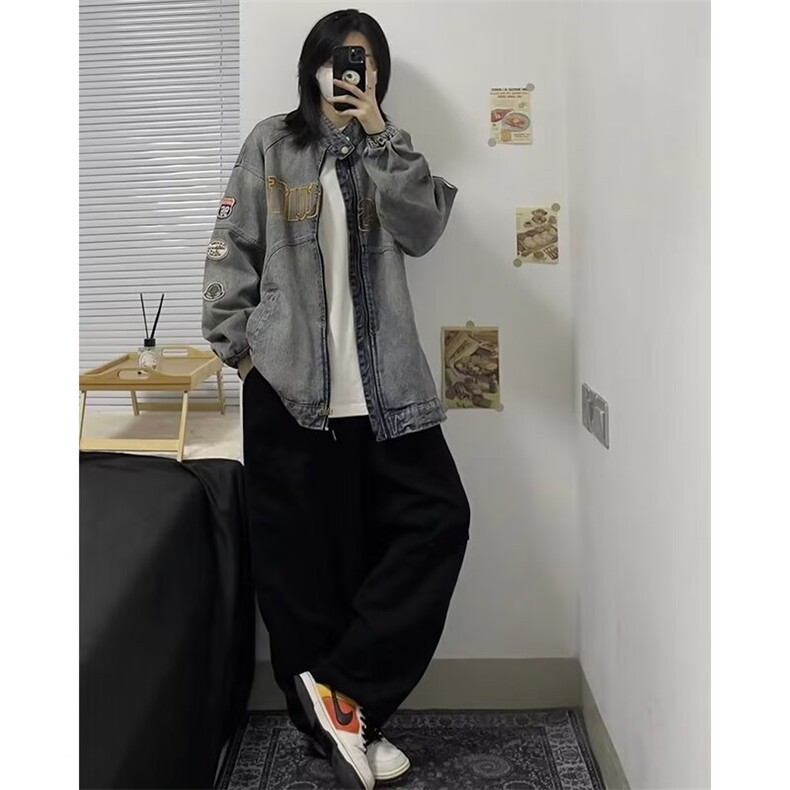 水洗做旧牛仔外套男女2024新款立领春季港风复古宽松夹克JW1216,男装夹克,星座1116A（原606A-3）