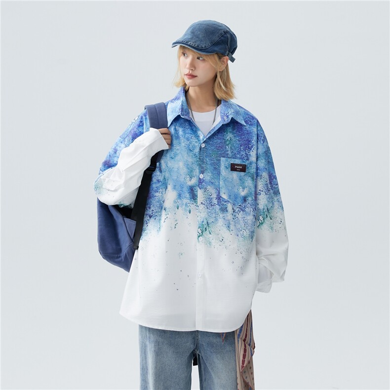 XZ-230-1CS526秋中性风宽松简约轻奢扎染渐变休闲长袖衬衫P50控68，男装衬衫，星座230-1